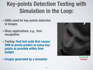 Key-points Detection Testing with
Simulation in the Loop:
• DNNs used for key-points detection
in images
• Many applications, e.g., face
recognition
• Testing: Find test suite that causes
DNN to poorly predict as many key-
points as possible within time
budget
• Images generated by a simulator
9
Ground truth
Predicted
 