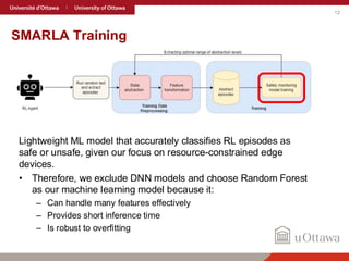 12
SMARLA Training
Lightweight ML model that accurately classifies RL episodes as
safe or unsafe, given our focus on resource-constrained edge
devices.
• Therefore, we exclude DNN models and choose Random Forest
as our machine learning model because it:
– Can handle many features effectively
– Provides short inference time
– Is robust to overfitting
 