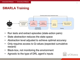 8
SMARLA Training
• Run tests and extract episodes (state-action pairs)
• State abstraction reduces the state space
• Abstraction level adjusted to achieve optimal accuracy
• Only requires access to Q-values (expected cumulative
reward)
• Black-box, not monitoring the environment
• Agnostic to the type of DRL agent’s inputs
 