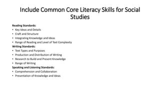 Include Common Core Literacy Skills for Social
Studies
Reading Standards:
• Key Ideas and Details
• Craft and Structure
• Integrating Knowledge and Ideas
• Range of Reading and Level of Text Complexity
Writing Standards:
• Text Types and Purposes
• Production and Distribution of Writing
• Research to Build and Present Knowledge
• Range of Writing
Speaking and Listening Standards:
• Comprehension and Collaboration
• Presentation of Knowledge and Ideas
 
