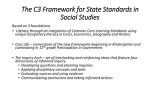 The C3 Framework for State Standards in
Social Studies
Based on 3 foundations
• Literacy through an integration of Common Core Learning Standards using
unique disciplinary literacy in Civics, Economics, Geography and History
• Civic Life – cornerstone of the new frameworks beginning in Kindergarten and
culminating in 12th grade Participation in Government
• The Inquiry Arch – set of interlocking and reinforcing ideas that feature four
dimensions of informed inquiry
• Developing questions and planning inquiries
• Applying disciplinary concepts and tools
• Evaluating sources and using evidence
• Communicating conclusions and taking informed actions
 