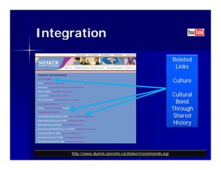 Integration
                                                           Related
                                                            Links

                                                           Culture

                                                           Cultural
                                                             Bond
                                                           Through
                                                            Shared
                                                            History




     http://www.alumni.utoronto.ca/shaker/recommends.asp
 