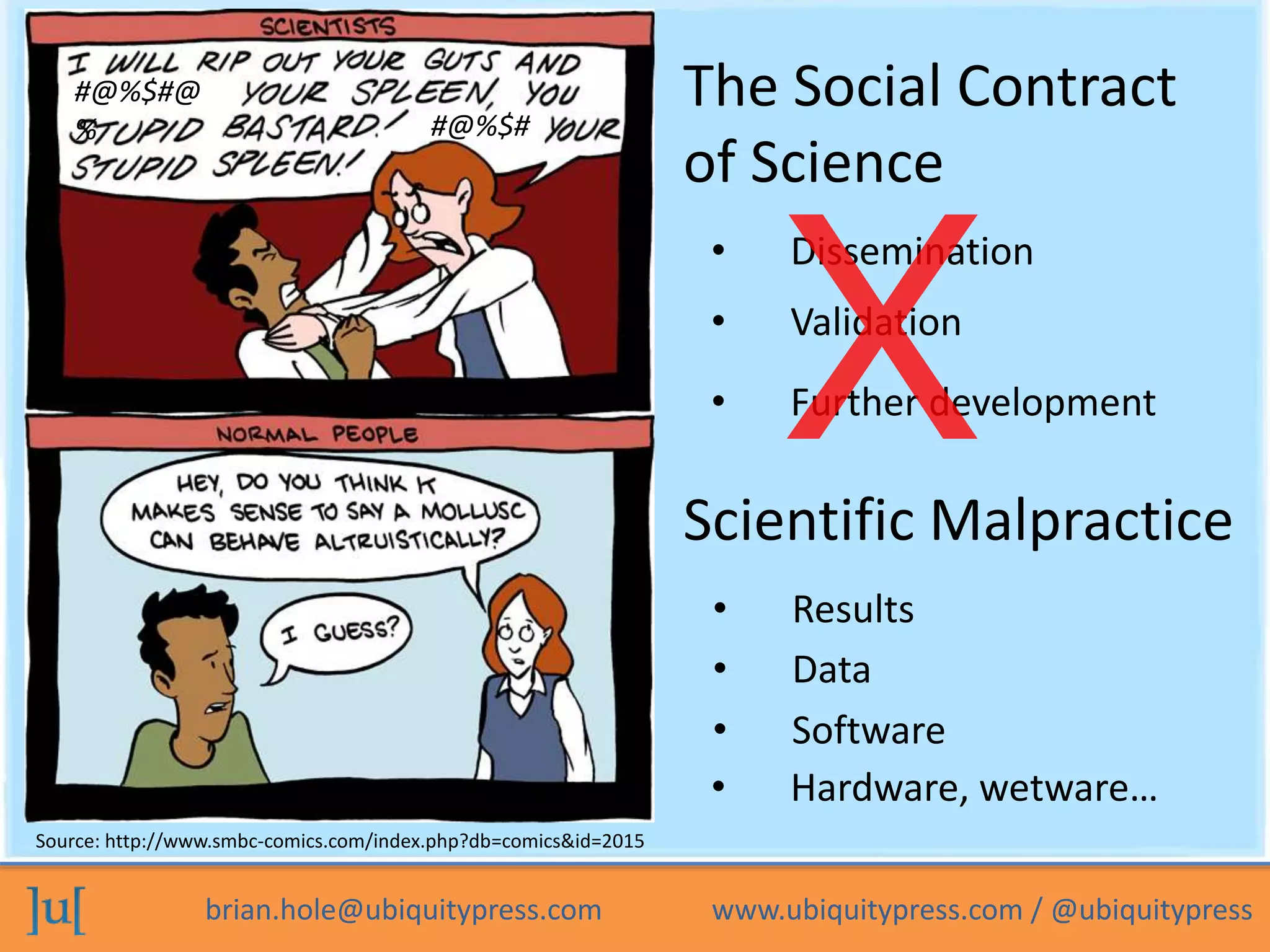 The Social Contract 
of Science 
• Dissemination 
• Validation 
• Further development 
Scientific Malpractice 
• Results 
• Data 
• Software 
• Hardware, wetware… 
#@%$#@ 
% #@%$# 
Source: http://www.smbc-comics.com/index.php?db=comics&id=2015 
brian.hole@ubiquitypress.com www.ubiquitypress.com / @ubiquitypress 
 