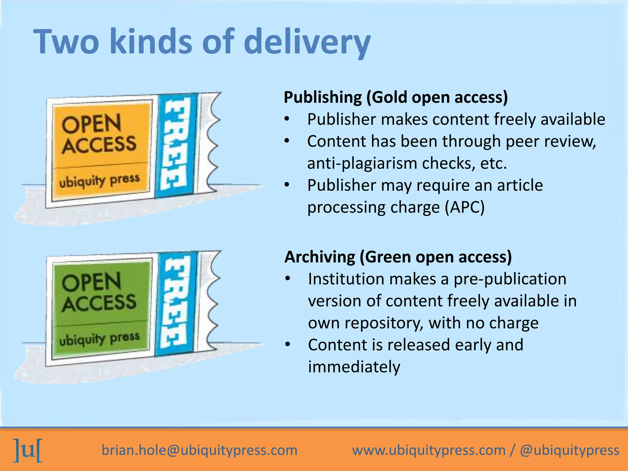 brian.hole@ubiquitypress.com www.ubiquitypress.com / @ubiquitypress
Publishing (Gold open access)
• Publisher makes content freely available
• Content has been through peer review,
anti-plagiarism checks, etc.
• Publisher may require an article
processing charge (APC)
Two kinds of delivery
Archiving (Green open access)
• Institution makes a pre-publication
version of content freely available in
own repository, with no charge
• Content is released early and
immediately
 