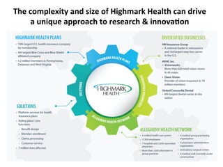 The	
  complexity	
  and	
  size	
  of	
  Highmark	
  Health	
  can	
  drive	
  
a	
  unique	
  approach	
  to	
  research	
  &	
  innova<on	
  
 