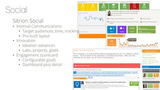 Sitrion Social
•  Internal Communications
•  Target audiences, time, tracking
•  Pre-built layout
•  Innovation
•  Ideation advances
•  Labs, projects, goals
•  Engagement scorecard
•  Conﬁgurable goals
•  Dashboard plus detail
 