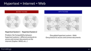 Hypertext + Internet = Web
15
Hypertext System 1 Hypertext System 2
Problem: No Compatibility between
hypertext systems + different protocols to
access and connect documents on the
internet (Gopher, WAIS, etc...)
BEFORE THE WEB
One global hypertext system = Web
One protocol to access and connect documents
WITH THE WEB
 