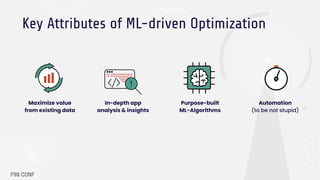Key Attributes of ML-driven Optimization
In-depth app
analysis & insights
Maximize value
from existing data
Purpose-built
ML-Algorithms
Automation
(to be not stupid)
 