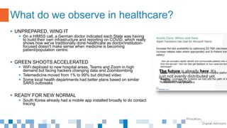  UNPREPARED, WING IT
 On a HIMSS call, a German doctor indicated each State was having
to build their own infrastructure and reporting on COVID, which really
shows how we've traditionally done healthcare as doctor/institution-
focused doesn't make sense when medicine is becoming
patient/population centric
 GREEN SHOOTS ACCELERATED
 WiFi deployed to new hospital areas, Teams and Zoom in high
demand but facing hackers changing data and Zoombombing
 Telemedicine moved from 1% to 99% but ditched video
 Some local health departments had better plans based on similar
SARS outbreaks
 READY FOR NEW NORMAL
 South Korea already had a mobile app installed broadly to do contact
tracing
What do we observe in healthcare?
The future is already here. It's
just not evenly distributed yet.
~ William Gibson
 