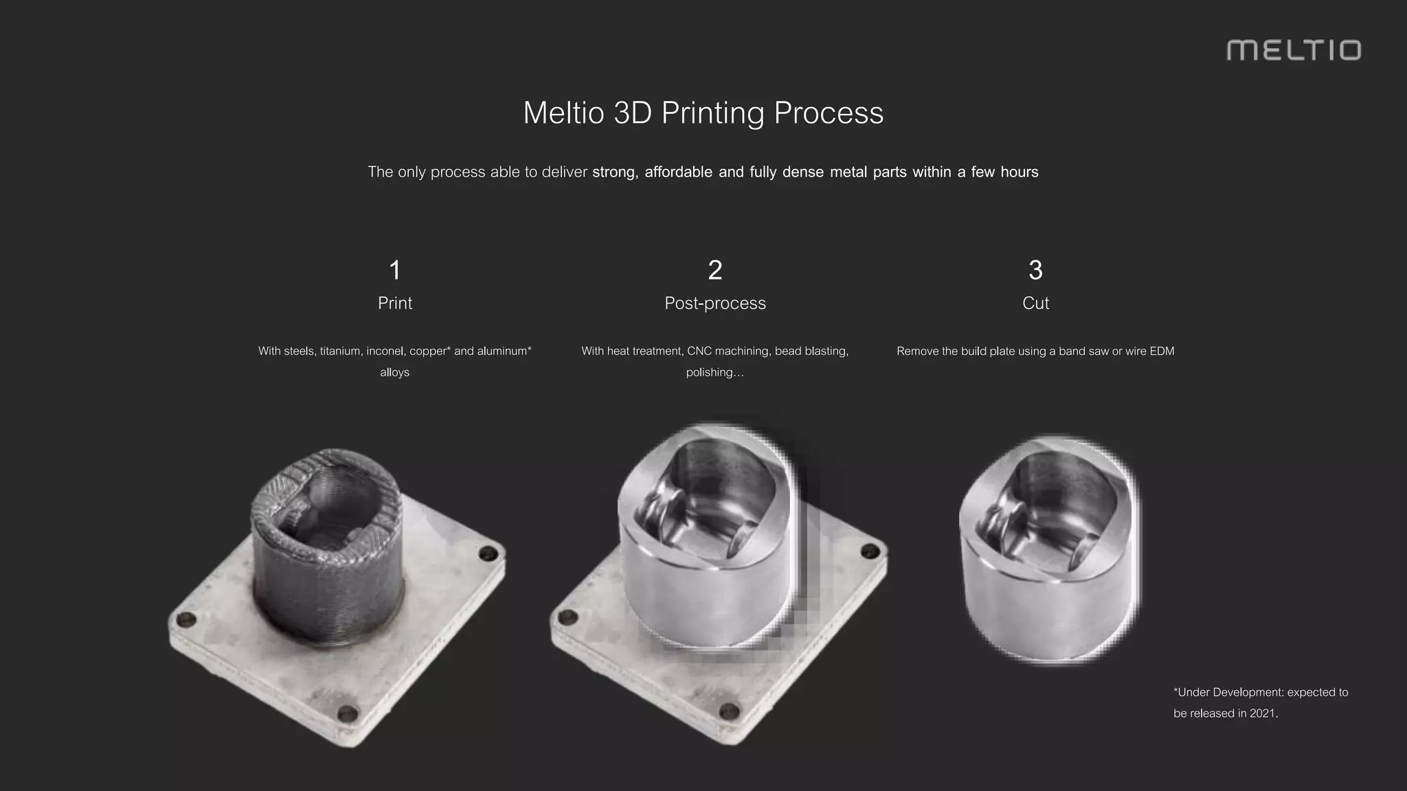 Meltio 3D Printing Process
The only process able to deliver strong, affordable and fully dense metal parts within a few hours
1
Print
With steels, titanium, inconel, copper* and aluminum*
alloys
2
Post-process
With heat treatment, CNC machining, bead blasting,
polishing…
3
Cut
Remove the build plate using a band saw or wire EDM
*Under Development: expected to
be released in 2021.
 