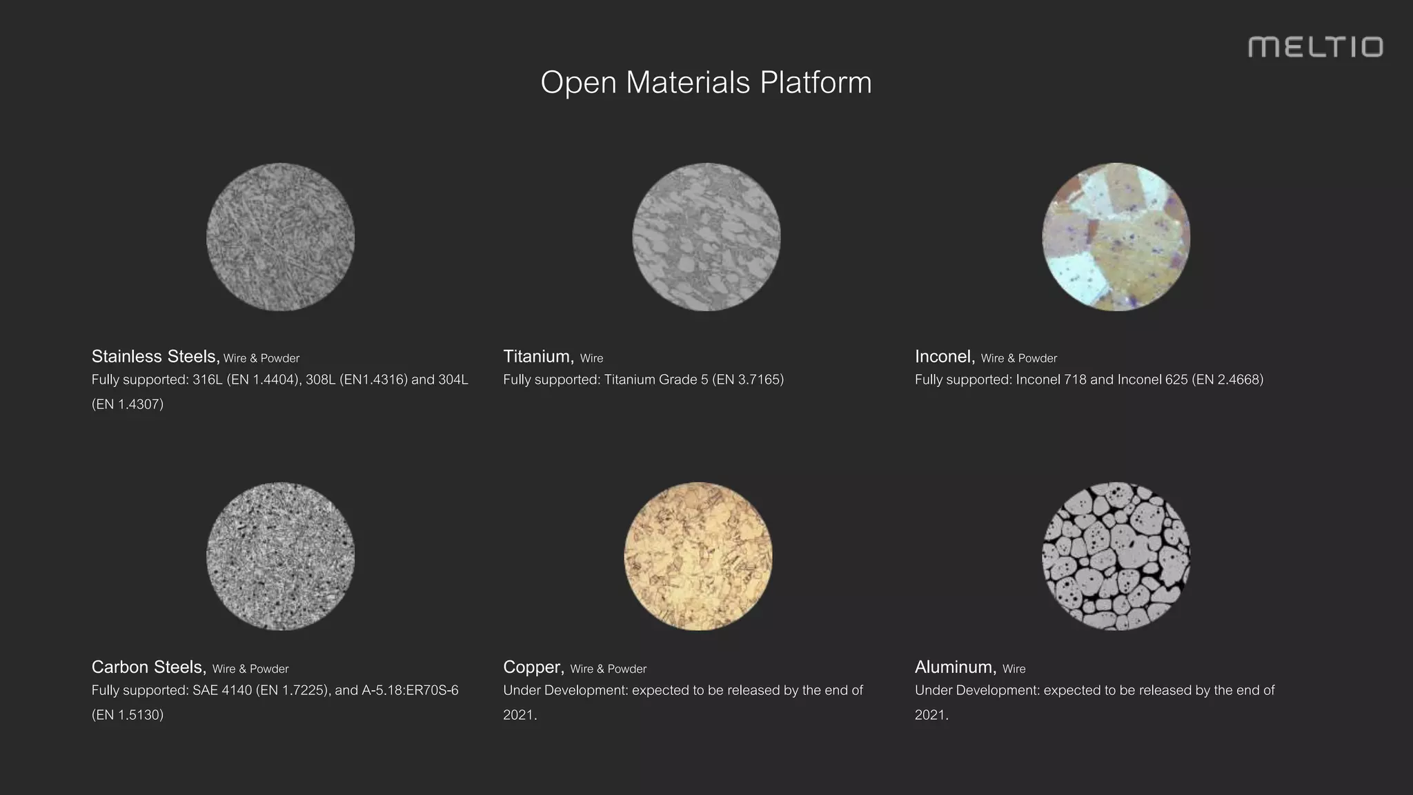 Open Materials Platform
Stainless Steels,Wire & Powder
Fully supported: 316L (EN 1.4404), 308L (EN1.4316) and 304L
(EN 1.4307)
Titanium, Wire
Fully supported: Titanium Grade 5 (EN 3.7165)
Inconel, Wire & Powder
Fully supported: Inconel 718 and Inconel 625 (EN 2.4668)
Carbon Steels, Wire & Powder
Fully supported: SAE 4140 (EN 1.7225), and A-5.18:ER70S-6
(EN 1.5130)
Copper, Wire & Powder
Under Development: expected to be released by the end of
2021.
Aluminum, Wire
Under Development: expected to be released by the end of
2021.
 