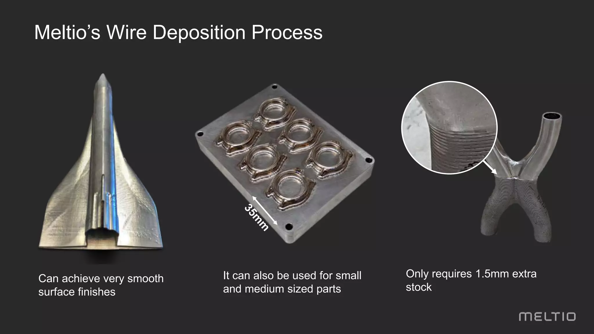 It can also be used for small
and medium sized parts
Can achieve very smooth
surface finishes
Only requires 1.5mm extra
stock
Meltio’s Wire Deposition Process
 