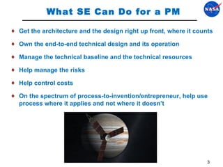 What SE Can Do for a PM Get the architecture and the design right up front, where it counts Own the end-to-end technical design and its operation Manage the technical baseline and the technical resources Help manage the risks Help control costs On the spectrum of process-to-invention/entrepreneur, help use process where it applies and not where it doesn ’t  