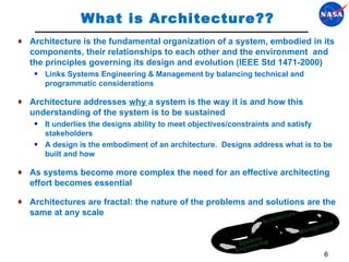 What is Architecture?? Architecture is the fundamental organization of a system, embodied in its components, their relationships to each other and the environment  and the principles governing its design and evolution (IEEE Std 1471-2000) Links Systems Engineering & Management by balancing technical and programmatic considerations Architecture addresses  why  a system is the way it is and how this understanding of the system is to be sustained  It underlies the designs ability to meet objectives/constraints and satisfy stakeholders A design is the embodiment of an architecture.  Designs address what is to be built and how As systems become more complex the need for an effective architecting effort becomes essential Architectures are fractal: the nature of the problems and solutions are the same at any scale Architecture Systems Engineering Management 