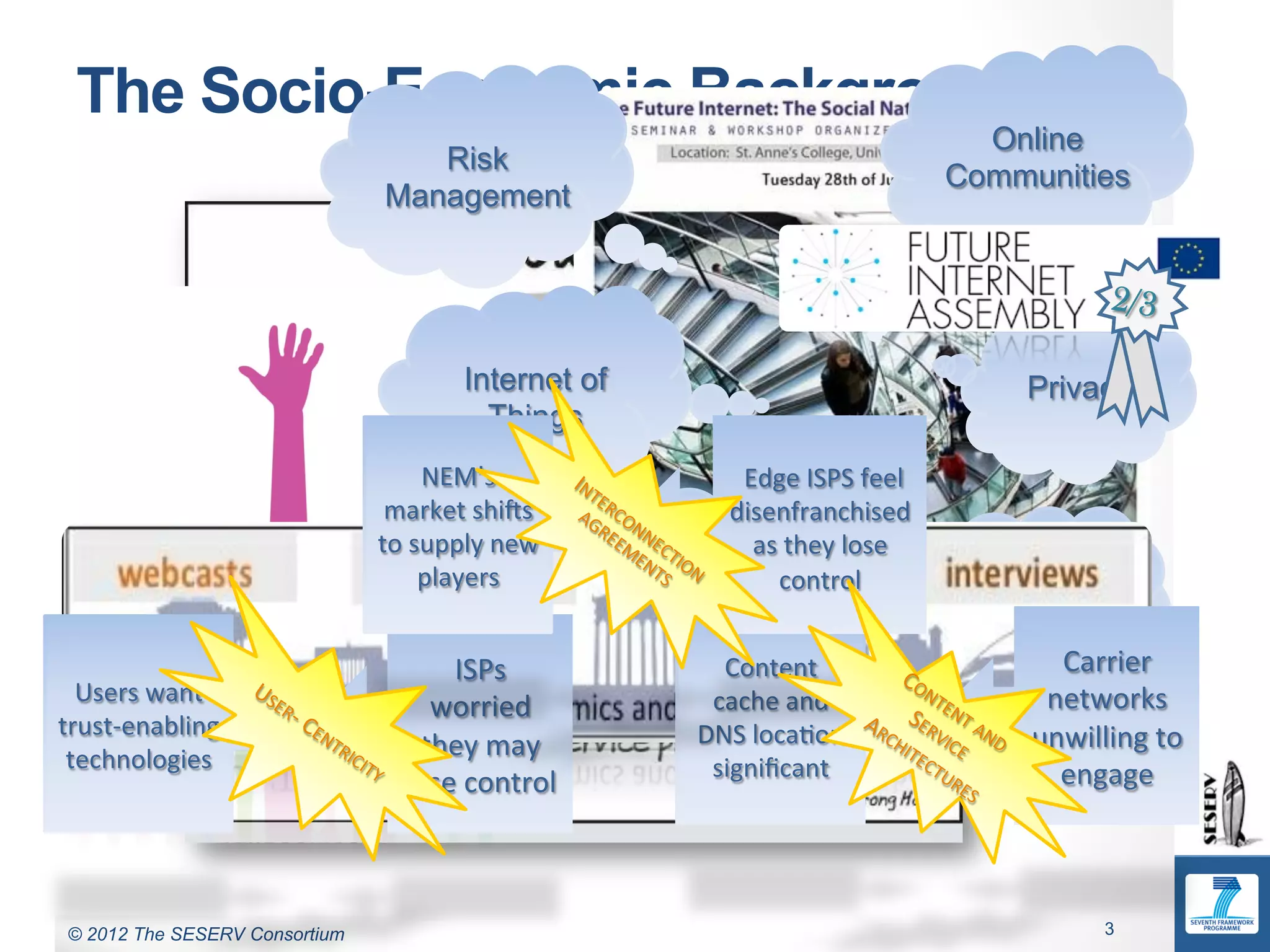 Commercial in Confidence
  The Socio-Economic Background
                                                                                                        Online
                                   Risk
                                                                                                      Communities
                                Management


                                                                                                                       2/3

                                           Internet of                                                        Privacy
                                             Things
                                       NEM’s	
                         	
  Edge	
  ISPS	
  feel	
  
                                 market	
  shiKs	
                 disenfranchised	
  
                                to	
  supply	
  new	
                as	
  they	
  lose	
  
                                       players	
          Online Identity
                                                                        control	
  
                                                                                                        Cloud
                                                                                                      Computing
                                       ISPs	
                        Content	
                                Carrier	
  
  Users	
  want	
                                                   cache	
  and	
                           networks	
  
                                      worried	
  
trust-­‐enabling	
                                                 DNS	
  loca0on	
                         unwilling	
  to	
  
 technologies	
                      they	
  may	
  
                                                                    signiﬁcant	
                              engage	
  
                                   lose	
  control	
  



© 2011 The SESERV Consortium
 © 2012 The SESERV Consortium                                                                                         3
 