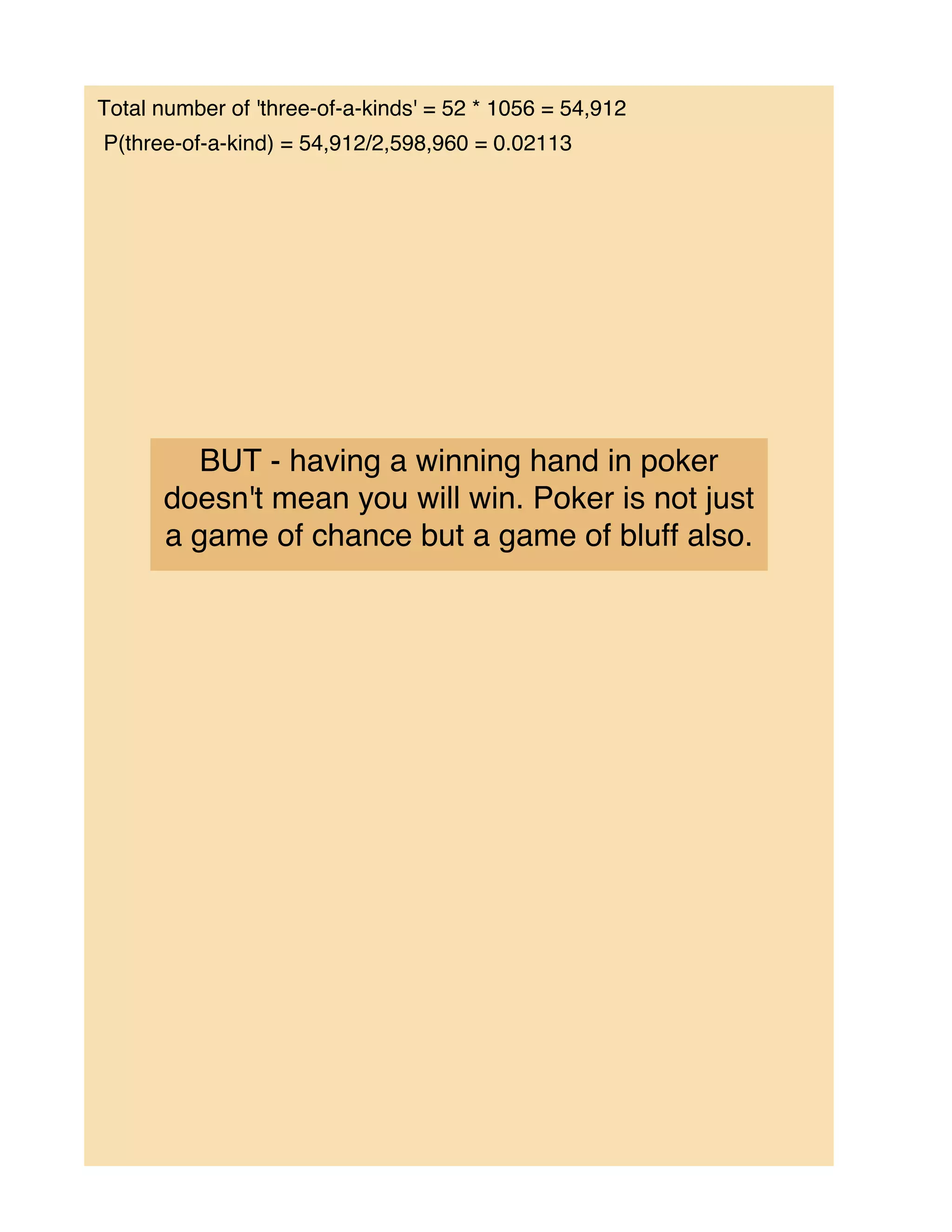 Total number of 'three-of-a-kinds' = 52 * 1056 = 54,912
P(three-of-a-kind) = 54,912/2,598,960 = 0.02113




         BUT - having a winning hand in poker
      doesn't mean you will win. Poker is not just
      a game of chance but a game of bluff also.
 