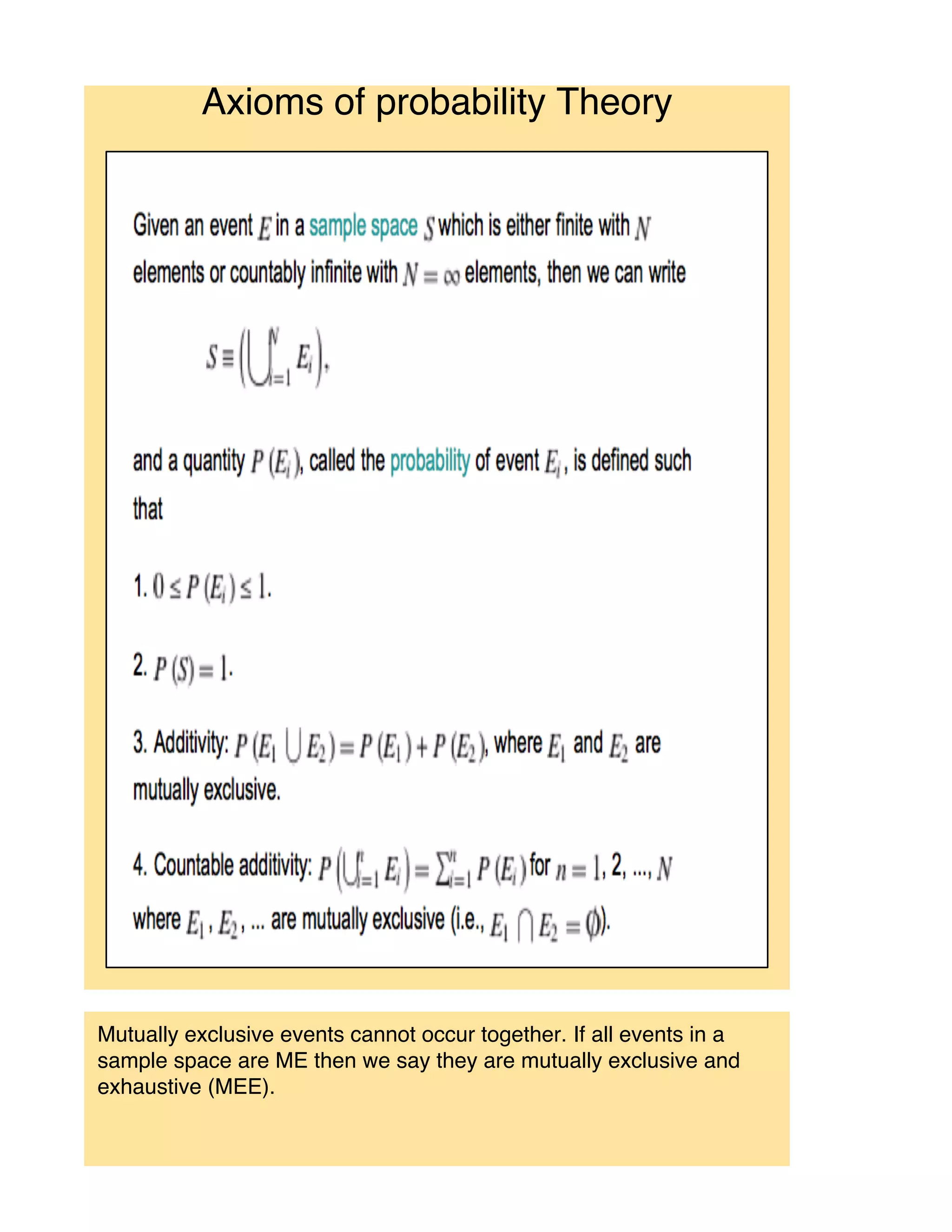 Axioms of probability Theory




Mutually exclusive events cannot occur together. If all events in a
sample space are ME then we say they are mutually exclusive and
exhaustive (MEE).
 