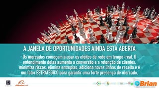 A JANELA DE OPORTUNIDADES AINDA ESTÁ ABERTA
Os mercados começam a usar os efeitos de rede em tempo-real. O
entendimento delas aumenta a conversão e a retenção de clientes,
minimiza riscos, elimina entropias, adiciona novas linhas de receita e é
um fator ESTRATÉGICO para garantir uma forte presença de mercado.
 