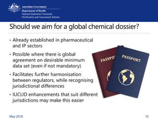 Should we aim for a global chemical dossier?
May 2016 10
• Already established in pharmaceutical
and IP sectors
• Possible where there is global
agreement on desirable minimum
data set (even if not mandatory)
• Facilitates further harmonisation
between regulators, while recognising
jurisdictional differences
• IUCLID enhancements that suit different
jurisdictions may make this easier
 