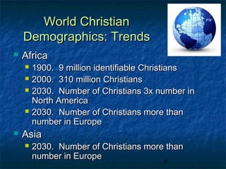 World Christian
    Demographics: Trends
   Africa
       1900. 9 million identifiable Christians
       2000. 310 million Christians
       2030. Number of Christians 3x number in
        North America
       2030. Number of Christians more than
        number in Europe
   Asia
       2030. Number of Christians more than
        number in Europe
                                       8
 