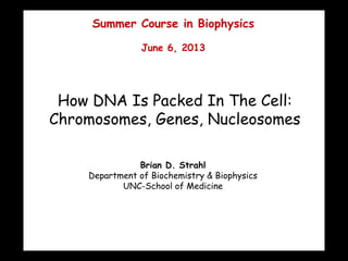 How DNA Is Packed In The Cell:
Chromosomes, Genes, Nucleosomes
Brian D. Strahl
Department of Biochemistry & Biophysics
UNC-School of Medicine
Summer Course in Biophysics
June 6, 2013
 