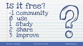 The Power of Free @brianteeman<br/an> <teeman>
-1 community
Ø use
1 study
2 share
3 improve
Is it free?
 