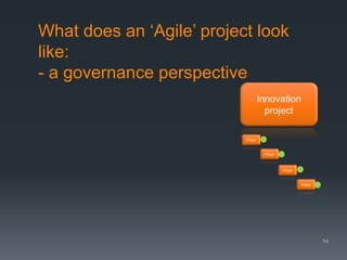 What does an ‘Agile’ project look
like:
- a governance perspective
Innovation
project
P/type

P/type

P/type

P/type

14

 