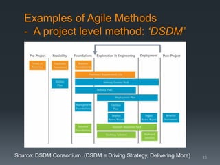 Examples of Agile Methods
- A project level method: ‘DSDM’

Source: DSDM Consortium (DSDM = Driving Strategy, Delivering More)

15

 