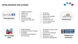 Portal	
  Open	
  Data	
  
	
  Plataforma	
  de	
  
par2cipació	
  
Plataforma	
  IoT	
  
•  Plataform	
  based	
  on:	
  
•  CKAN	
  2.6.0	
  
•  Drupal	
  7.52	
  
•  UBUNTU	
  
•  API	
  DCAT	
  catalog	
  
•  Formats	
  CSV,	
  XML,	
  RDF,	
  	
  
JSON...	
  	
  
•  On	
  GitHub	
  
•  RESTFull	
  API	
  
•  Source	
  code	
  available	
  
•  Mul5tenancy	
  
•  Strong	
  community	
  	
  
•  In	
  use	
  in	
  several	
  ci5es	
  
•  www.sen5lo.io	
  
•  Images	
  database	
  
•  Developed	
  in	
  Python	
  /	
  Django	
  
•  On	
  GitHub	
  	
  
•  21/03/2017	
  presenta5on	
  to	
  
the	
  community	
  
•  Developed	
  in	
  Ruby	
  on	
  Rails	
  
•  On	
  GitHub	
  
•  Fork	
  of	
  Consul	
  (Madrid)	
  
•  Mul5tenancy	
  
•  Developed	
  in	
  agile	
  
•  Community:	
  Metadecidim	
  
Banc	
  d’imatges	
  
BIMA	
  
OPEN SOURCE SOLUTIONS
 