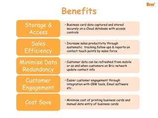 Benefits
• Business card data captured and stored
securely on a Cloud database with access
controls
Storage &
Access
• Increase sales productivity through
systematic tracking,follow ups & reports on
contact touch points by sales force
Sales
Efficiency
• Customer data can be refreshed from mobile
or as and when customers on Bric network
update contact info
Minimise Data
Redundancy
• Minimise cost of printing business cards and
manual date entry of business cardsCost Save
• Easier customer engagement through
integration with CRM tools, Email software
etc .
Customer
Engagement
 
