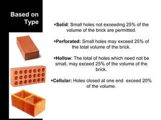 Based on
Type Solid: Small holes not exceeding 25% of the
volume of the brick are permitted.
Perforated: Small holes may exceed 25% of
the total volume of the brick.
Hollow: The total of holes which need not be
small, may exceed 25% of the volume of the
brick.
Cellular: Holes closed at one end exceed 20%
of the volume.
 