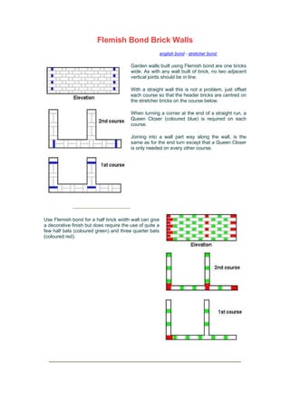 Flemish Bond Brick Walls
                                                          english bond - stretcher bond

                                         Garden walls built using Flemish bond are one bricks
                                         wide. As with any wall built of brick, no two adjacent
                                         vertical joints should be in line.

                                         With a straight wall this is not a problem, just offset
                                         each course so that the header bricks are centred on
                                         the stretcher bricks on the course below.

                                         When turning a corner at the end of a straight run, a
                                         Queen Closer (coloured blue) is required on each
                                         course.

                                         Joining into a wall part way along the wall, is the
                                         same as for the end turn except that a Queen Closer
                                         is only needed on every other course.




Use Flemish bond for a half brick width wall can give
a decorative finish but does require the use of quite a
few half bats (coloured green) and three quarter bats
(coloured red).
 
