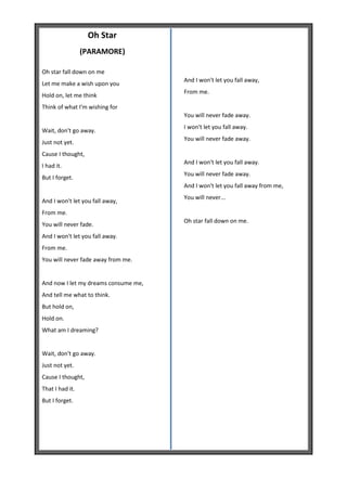 Oh Star
                 (PARAMORE)

Oh star fall down on me
                                      And I won't let you fall away,
Let me make a wish upon you
                                      From me.
Hold on, let me think
Think of what I'm wishing for
                                      You will never fade away.
                                      I won't let you fall away.
Wait, don't go away.
                                      You will never fade away.
Just not yet.
Cause I thought,
                                      And I won't let you fall away.
I had it.
                                      You will never fade away.
But I forget.
                                      And I won't let you fall away from me,
                                      You will never...
And I won't let you fall away,
From me.
                                      Oh star fall down on me.
You will never fade.
And I won't let you fall away.
From me.
You will never fade away from me.


And now I let my dreams consume me,
And tell me what to think.
But hold on,
Hold on.
What am I dreaming?


Wait, don't go away.
Just not yet.
Cause I thought,
That I had it.
But I forget.
 
