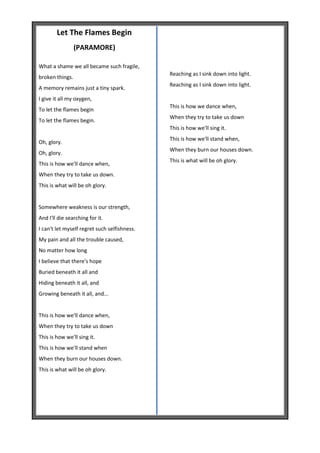 Let The Flames Begin
                 (PARAMORE)

What a shame we all became such fragile,
                                              Reaching as I sink down into light.
broken things.
                                              Reaching as I sink down into light.
A memory remains just a tiny spark.
I give it all my oxygen,
                                              This is how we dance when,
To let the flames begin
                                              When they try to take us down
To let the flames begin.
                                              This is how we'll sing it.
                                              This is how we'll stand when,
Oh, glory.
                                              When they burn our houses down.
Oh, glory.
                                              This is what will be oh glory.
This is how we'll dance when,
When they try to take us down.
This is what will be oh glory.


Somewhere weakness is our strength,
And I'll die searching for it.
I can't let myself regret such selfishness.
My pain and all the trouble caused,
No matter how long
I believe that there's hope
Buried beneath it all and
Hiding beneath it all, and
Growing beneath it all, and...


This is how we'll dance when,
When they try to take us down
This is how we'll sing it.
This is how we'll stand when
When they burn our houses down.
This is what will be oh glory.
 