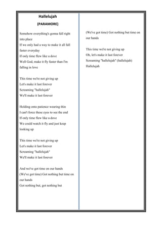 Hallelujah
              (PARAMORE)

Somehow everything's gonna fall right      (We've got time) Got nothing but time on

into place                                 our hands

If we only had a way to make it all fall
faster everyday                            This time we're not giving up

If only time flew like a dove              Oh, let's make it last forever

Well God, make it fly faster than I'm      Screaming "hallelujah" (hallelujah)

falling in love                            Hallelujah


This time we're not giving up
Let's make it last forever
Screaming "hallelujah"
We'll make it last forever


Holding onto patience wearing thin
I can't force these eyes to see the end
If only time flew like a dove
We could watch it fly and just keep
looking up


This time we're not giving up
Let's make it last forever
Screaming "hallelujah"
We'll make it last forever


And we've got time on our hands
(We've got time) Got nothing but time on
our hands
Got nothing but, got nothing but
 