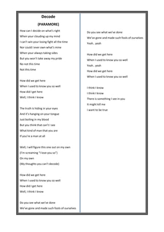 Decode
                (PARAMORE)
How can I decide on what’s right
                                              Do you see what we’ve done
When your clouding up my mind                 We’ve gone and made such fools of ourselves
I can’t win your losing fight all the time    Yeah.. yeah
Nor could I ever own what’s mine
When your always taking sides                 How did we get here
But you won’t take away my pride              When I used to know you so well
No not this time                              Yeah.. yeah
Not this time                                 How did we get here
                                              When I used to know you so well
How did we get here
When I used to know you so well
                                              I think I know
How did I get here                            I think I know
Well, I think I know                          There is something I see in you
                                              It might kill me
The truth is hiding in your eyes              I want to be true
And it’s hanging on your tongue
Just boiling in my blood
But you think that can’t I see
What kind of man that you are
If you’re a man at all


Well, I will figure this one out on my own
(I’m screaming “I love you so”)
On my own
(My thoughts you can’t decode)


How did we get here
When I used to know you so well
How did I get here
Well, I think I know


Do you see what we’ve done
We’ve gone and made such fools of ourselves
 