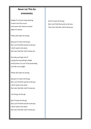 Never Let This Go
                (PARAMORE)


Maybe if my heart stops beating           And I'll never let this go
It won't hurt this much                   But I can't find the words to tell you
And never will I have to answer           That now I feel like I don't know you
Again to anyone


Please don't get me wrong


Because I'll never let this go
But I can't find the words to tell you
I don't want to be alone
But now I feel like I don't know you


One day you'll get sick of
saying that everything's alright
And by then I'm sure I'll be pretending
Just like I am tonight


Please don't get me wrong


Because I'll never let this go
But I can't find the words to tell you
I don't want to be alone
But now I feel like I don't know you


Let this go, let this go


But I'll never let this go
But I can't find the words to tell you
I don't want to be alone
But now I feel like I don't know you
 