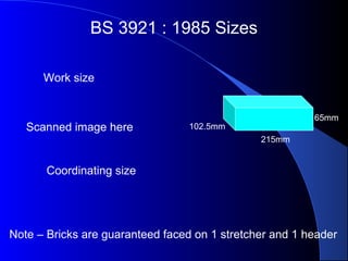 BS 3921 : 1985 Sizes
Work size
Coordinating size
215mm
65mm
102.5mm
Note – Bricks are guaranteed faced on 1 stretcher and 1 header
Scanned image here
 