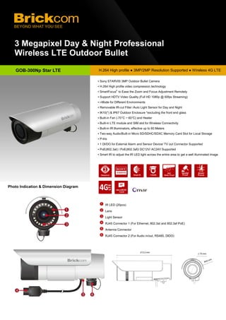 3 Megapixel Day & Night Professional
Wireless LTE Outdoor Bullet
Photo Indication & Dimension Diagram
GOB-300Np Star LTE H.264 High profile ● 3MP/2MP Resolution Supported ● Wireless 4G LTE
IR LED (20pcs)
Lens
Light Sensor
RJ45 Connector 1 (For Ethernet, 802.3at and 802.3af PoE)
Antenna Connector
RJ45 Connector 2 (For Audio in/out, RS485, DIDO)
▪ Sony STARVIS 3MP Outdoor Bullet Camera
▪ H.264 High profile video compression technology
▪ SmartFocus®
to Ease the Zoom and Focus Adjustment Remotely
▪ Support HDTV Video Quality (Full HD 1080p @ 60fps Streaming)
▪ i-Mode for Different Environments
▪ Removable IR-cut Filter /Auto Light Sensor for Day and Night
▪ IK10(*) & IP67 Outdoor Enclosure *excluding the front end glass
▪ Built-in Fan (-70°C ~ 60°C) and Heater
▪ Built-in LTE module and SIM slot for Wireless Connectivity
▪ Built-in IR Illuminators, effective up to 60 Meters
▪ Two-way Audio/Built-in Micro SD/SDHC/SDXC Memory Card Slot for Local Storage
▪ P-Iris
▪ 1 DI/DO for External Alarm and Sensor Device/ TV out Connector Supported
▪ PoE(802.3at) / PoE(802.3af)/ DC12V/ AC24V Supported
▪ Smart IR to adjust the IR LED light across the entire area to get a well illuminated image
microSDXC
Card
 