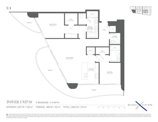 TOWER UNIT 01
N
INTERIOR: 1,397 SF / 130 m2
TERRACE: 468 SF / 43 m2
TOTAL: 1,865 SF / 173 m2
Stated dimensions are measured to the exterior boundaries of the exterior walls and the centerline of interior demising walls and in fact vary from the dimensions that would be determined by using the description and deﬁnition of the "Unit" set forth in the Declaration (which generally only includes the
interior airspace between the perimeter walls and excludes interior structural components). For your reference, the area of the Unit, determined in accordance with those deﬁned unit boundaries, is 1,397 SF. Note that measurements of rooms set forth on this ﬂoor plan are generally taken at the greatest points
of each given room (as if the room were a perfect rectangle), without regard for any cutouts. Accordingly, the area of the actual room will typically be smaller than the product obtained by multiplying the stated length times width. All dimensions are approximate and may vary with actual construction, and all ﬂoor plans
and development plans are subject to change.
0 3’ 6’ 9’ 12’ 15’
2 BEDROOM / 2.5 BATH
T-02
T-01
T-04 T-06 T-08 T-12
T-09
T-07
T-14
T-10 T-11
T-15
T-05T-03
MASTER SUITE
13' 4" x 13' 1"
MASTER
BATHROOM
10' 5" x 14' 3"
WIC
8' 10" x 6' 6"
LIVING/DINING
13' 0" x 23' 5"
KITCHEN
9' 0" x 11' 0"
BEDROOM
11' 1" x 11' 2"
POWDER
5' 6" x 5' 10"
A/C
WIC
7' 0" x 3' 8"
FOYER
TERRACE
TERRACE
TERRACE
W/D
 