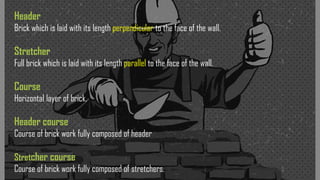Header
Brick which is laid with its length perpendicular to the face of the wall.
Stretcher
Full brick which is laid with its length parallel to the face of the wall.
Course
Horizontal layer of brick.
Header course
Course of brick work fully composed of header
Stretcher course
Course of brick work fully composed of stretchers.
 