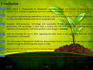 2/24/2018 20SRDI
Conclusion
Brick making is indispensable for Bangladesh’ economy. Though not formally recognized as an
industry, brick-making is a significant economic activity in Bangladesh (Ministry of Industries 2010).
The country‘s overwhelming dependence on bricks is due to its lack of stones in any sizable quantity
or other alternative building materials at comparable cost.
Outdated brick-production technology and seasonality of kiln operations hinder brick-sector
productivity. FCK technology is more than a century old. The brick sector has largely grown by
replication of existing kilns, with little variation in kiln design or operation.
GOB has amended the law in 2013, regulating the brick sector as per law of the land with strict
enforcement is still needed.
The Government of Bangladesh (GOB) has demonstrated serious commitment to regulate the brick
industry through by prohibiting brick export to India.
Most brick kilns are low energy efficient and are highly polluting. Brick kilns have a negative effect on
agricultural productivity.
The weak financial situation of most kiln operators hinders the adoption of modern technologies.
 
