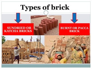 Types of brick
SUNDRIED OR
KATCHA BRICKS
BURNT OR PACCA
BRICK
 