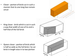 • Closer : portion of brick cut in such a
manner that its one long face remain
uncut
• King closer : brick which is cut in such
a way that width of one of its end is
half that of the full brick
• Queen closer : portion of brick which
is half as wide as the full brick / to cut
brick in length wise in to two portion
 
