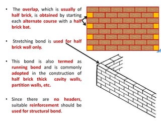 • The overlap, which is usually of
half brick, is obtained by starting
each alternate course with a half
brick bat.
• Stretching bond is used for half
brick wall only.
• This bond is also termed as
running bond and is commonly
adopted in the construction of
half brick thick cavity walls,
partition walls, etc.
• Since there are no headers,
suitable reinforcement should be
used for structural bond.
 
