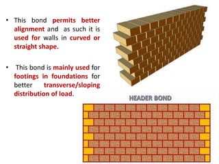 • This bond permits better
alignment and as such it is
used for walls in curved or
straight shape.
• This bond is mainly used for
footings in foundations for
better transverse/sloping
distribution of load.
 