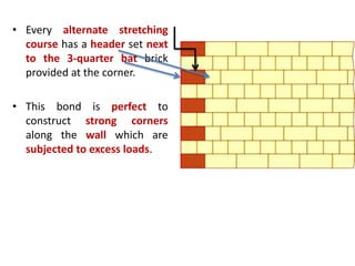 • Every alternate stretching
course has a header set next
to the 3-quarter bat brick
provided at the corner.
• This bond is perfect to
construct strong corners
along the wall which are
subjected to excess loads.
 