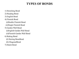 TYPES OF BONDS
1) Stretching Bond
2) Heading Bond
3) English Bond
4) Flemish Bond
(i)Double Flemish Bond
(ii)Single Flemish Bond
5) Garden Wall Bond
(i)English Garden Wall Bond
(ii)Flemish Garden Wall Bond
6) Raking Bond
(I) Herring BoneBond
(Ii) DiagonalBond
7) Dutch Bond
 