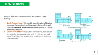 FLEMISH BOND:
6
Flemish bond is further divided into two different types
namely:
• Single Flemish bond: This bond is a combination of English
bond and Flemish bond. In this work the facing of the wall
consists of Flemish bond and the backing consists of English
bond in each course.
• Double Flemish bond: In Double Flemish Bond, each course
presents the same appearance both in the front and back
elevations. Every course consists of headers and stretchers
laid alternately.
 