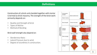 Definitions
Construction of a brick units banded together with mortar
is termed as brick masonry. The strength of the brick-work
primarily depends on:
• Quality and Strength of brick
• Types of Mortar
• Method of Bonding
Brick wall strength also depend on:
• Slenderness Ratio
• Lateral Pressure due to wind
• Degree of soundness in construction.
1
 